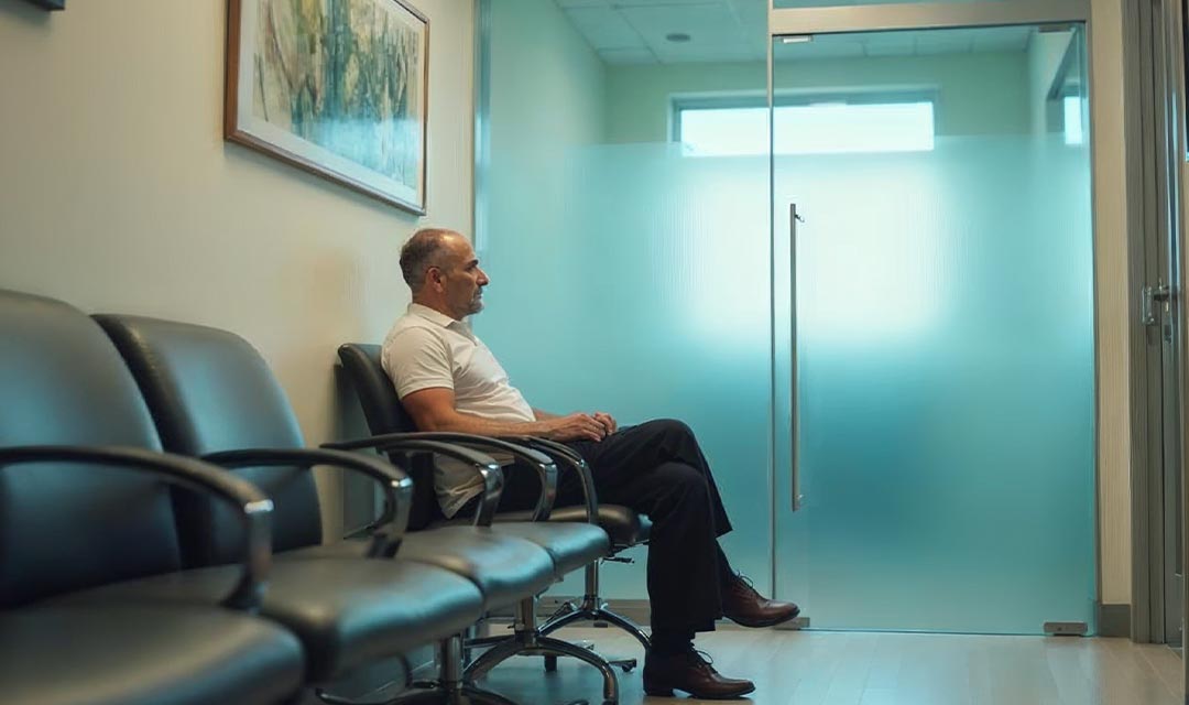 Homen sentado esperando médico
